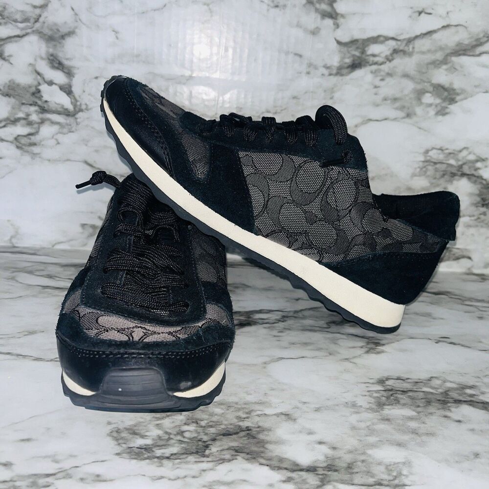 Coach Mason Signature Jacquard Suede Sneakers Black Gray Women Size 8 Casual